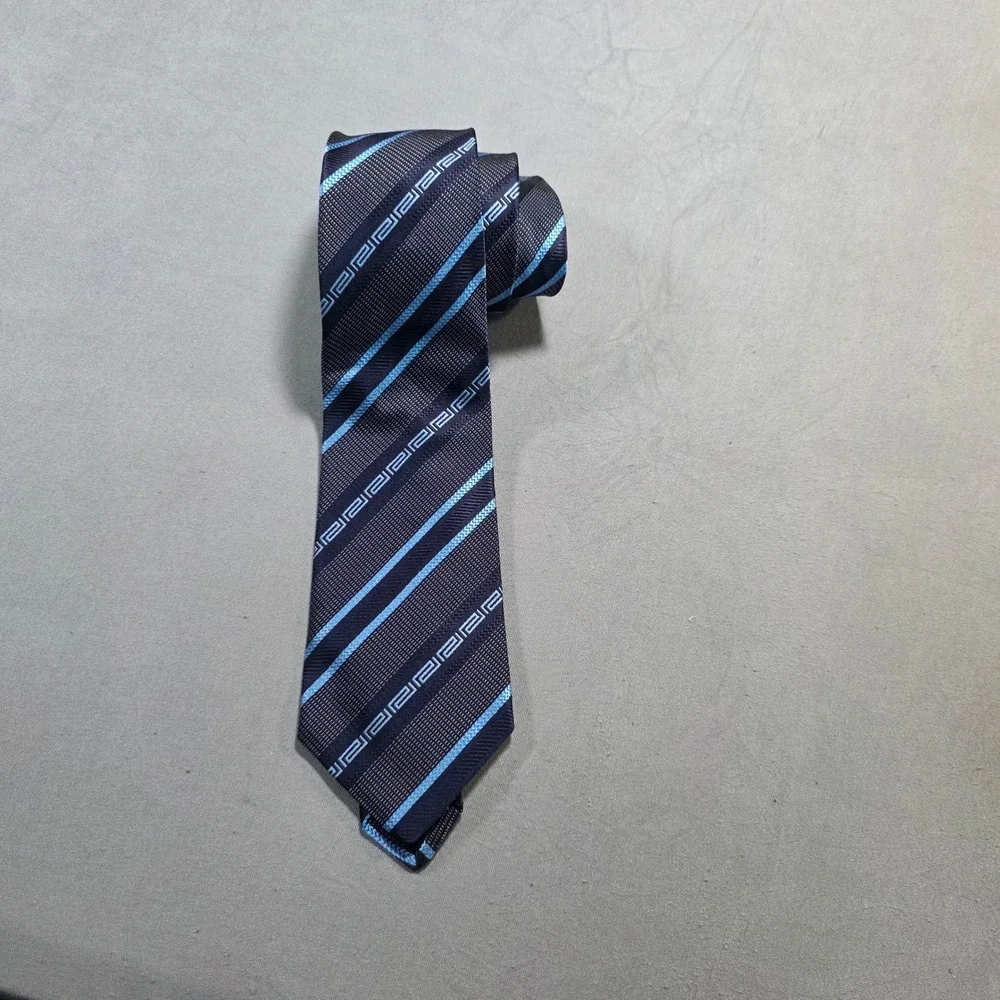 Versace Mens Silk Tie Navy Blue Light Blue Striped Greek Key‎ Medusa Head Italy